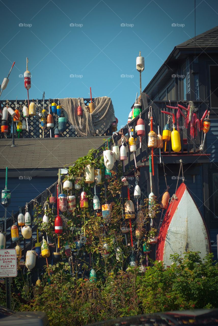 Lots of Buoys Hanging on Side of Restaurant in Kennebunkport Maine