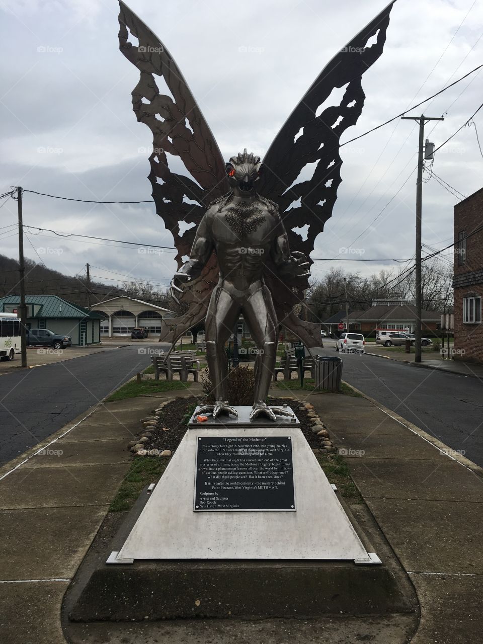 The famous Mothman once haunted the town of Point Pleasant, West Virginia. The city has a museum filled with artifacts from the Silver bridge collapse, which took many lives. This statue sits just outside of the museum.