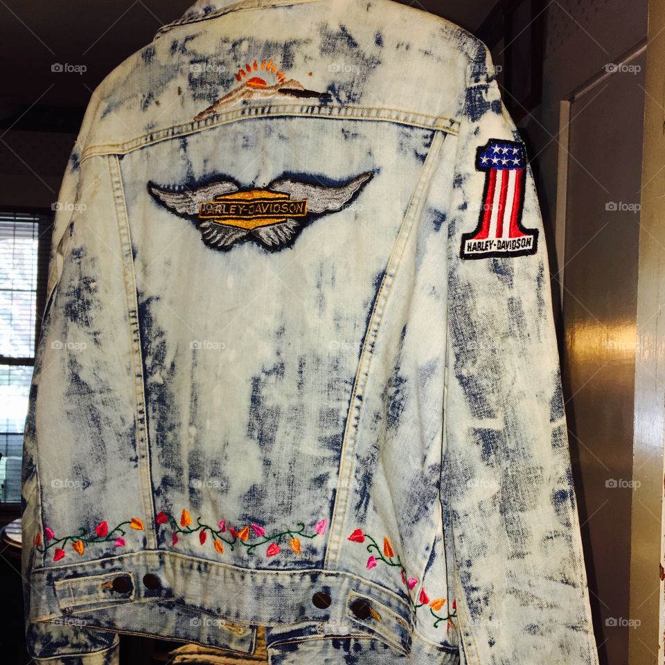 Vintage Denim Embroidered Jacket, bikers bleached style. Neat! 