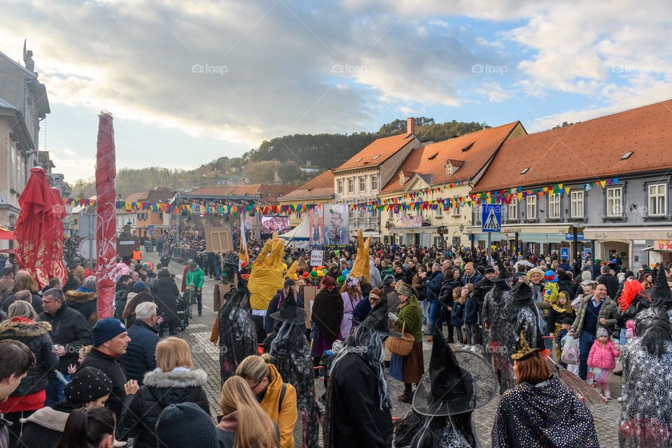 Crowds of people in town square at carnival in Samobor, Croatia