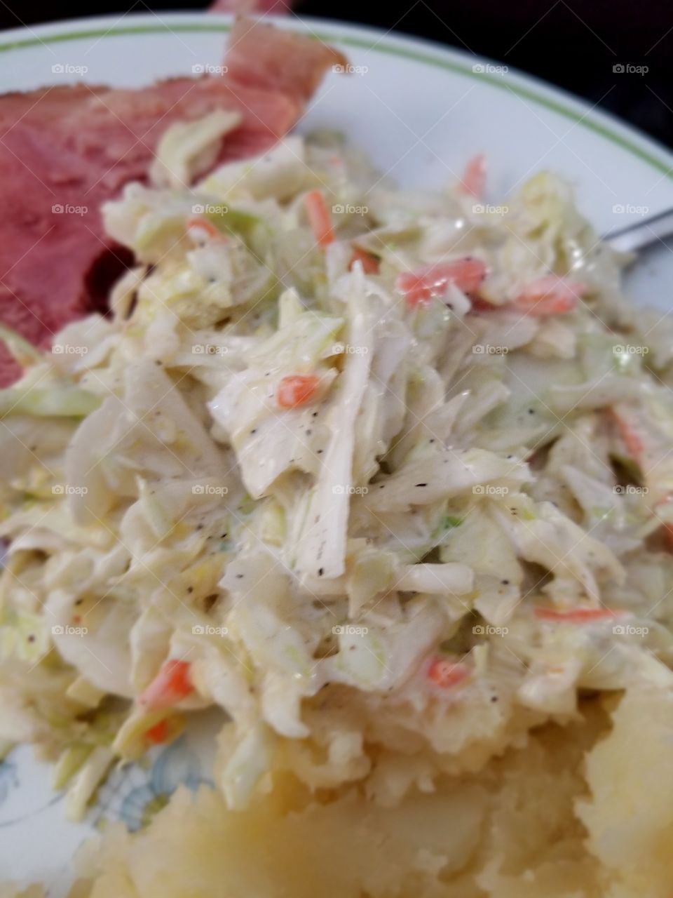 coleslaw and potatoes with ham