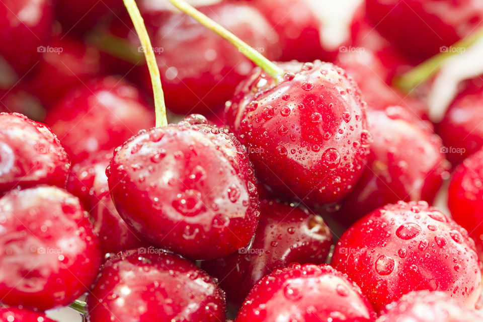 bright juicy cherry covered with water drops.  close up , summer background