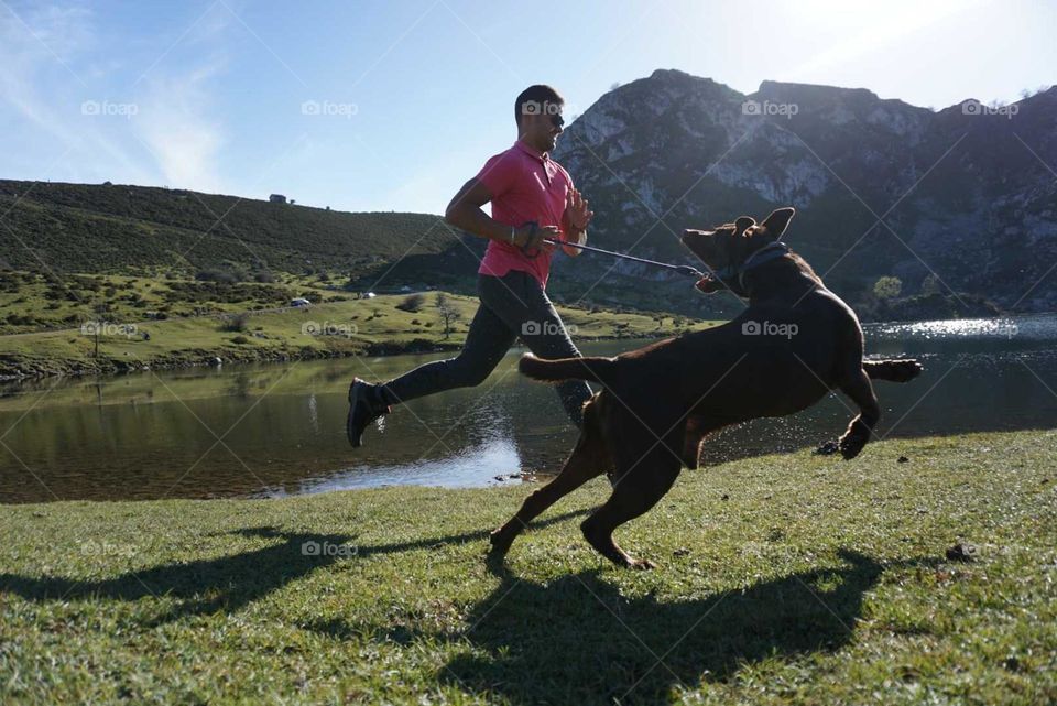 Nature#mountains#lake#human#dog#run#jump