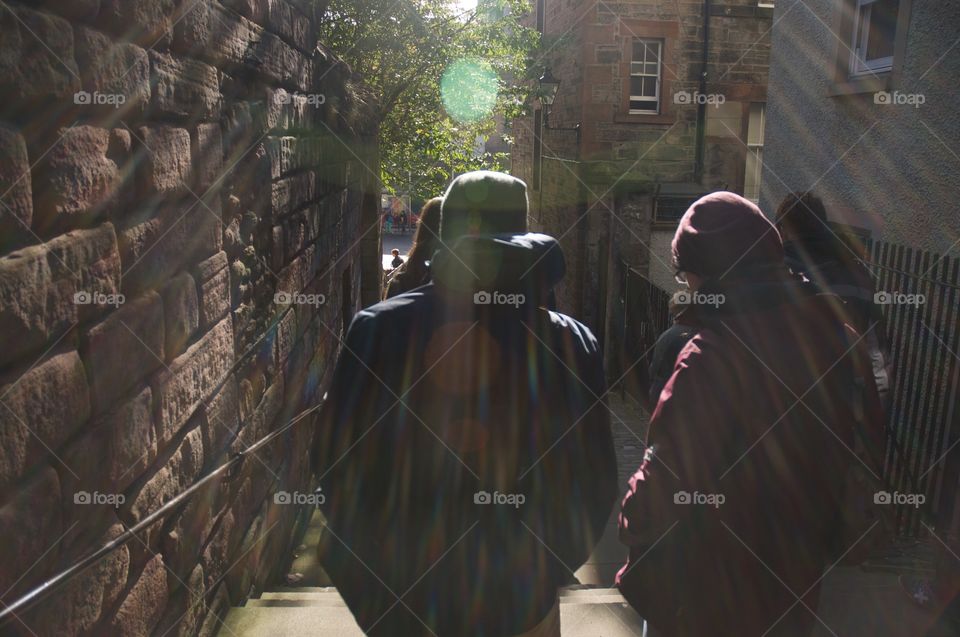 Waking through an alley in Edinburgh Scotland