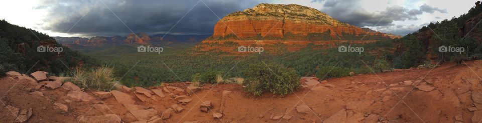 Partial panorama of a hiking trail near Devil's Bridge in Sedona, Arizona, home of the red rocks.