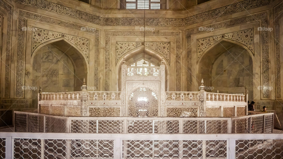 Taj Mahal, Agra, January 2019: Interior octagonal chambers of Taj Mahal, made of pure white marble with luster and fine texture, represents blend of architectural styles of Persian, Islamic and Indian