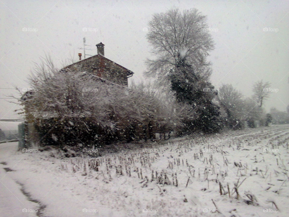 An old house under the snow.