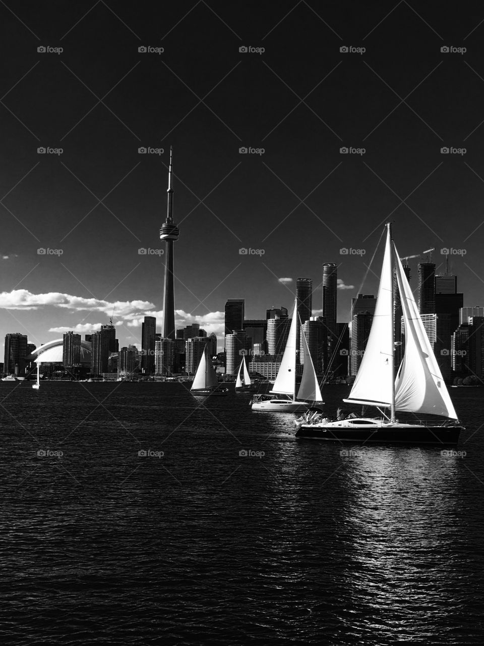 Toronto cityscape with boats in black and white 