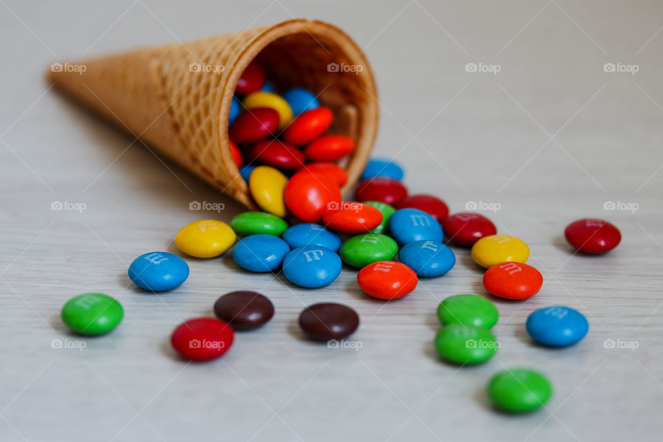 Waffle cornucopia with M&Ms chocolates