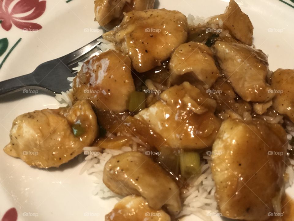 Orange chicken on rice