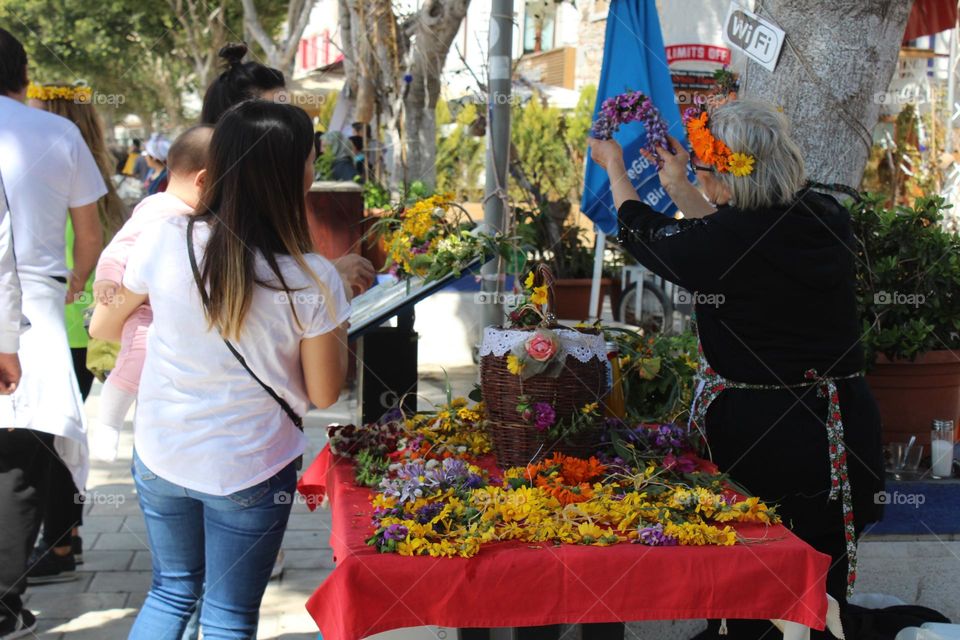 Spring colorful flower crowds during a  weekend market in Bodrum