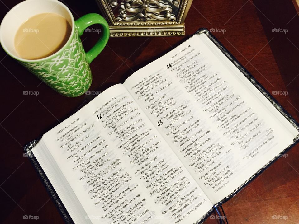 First Things First. Open Bible and Coffee