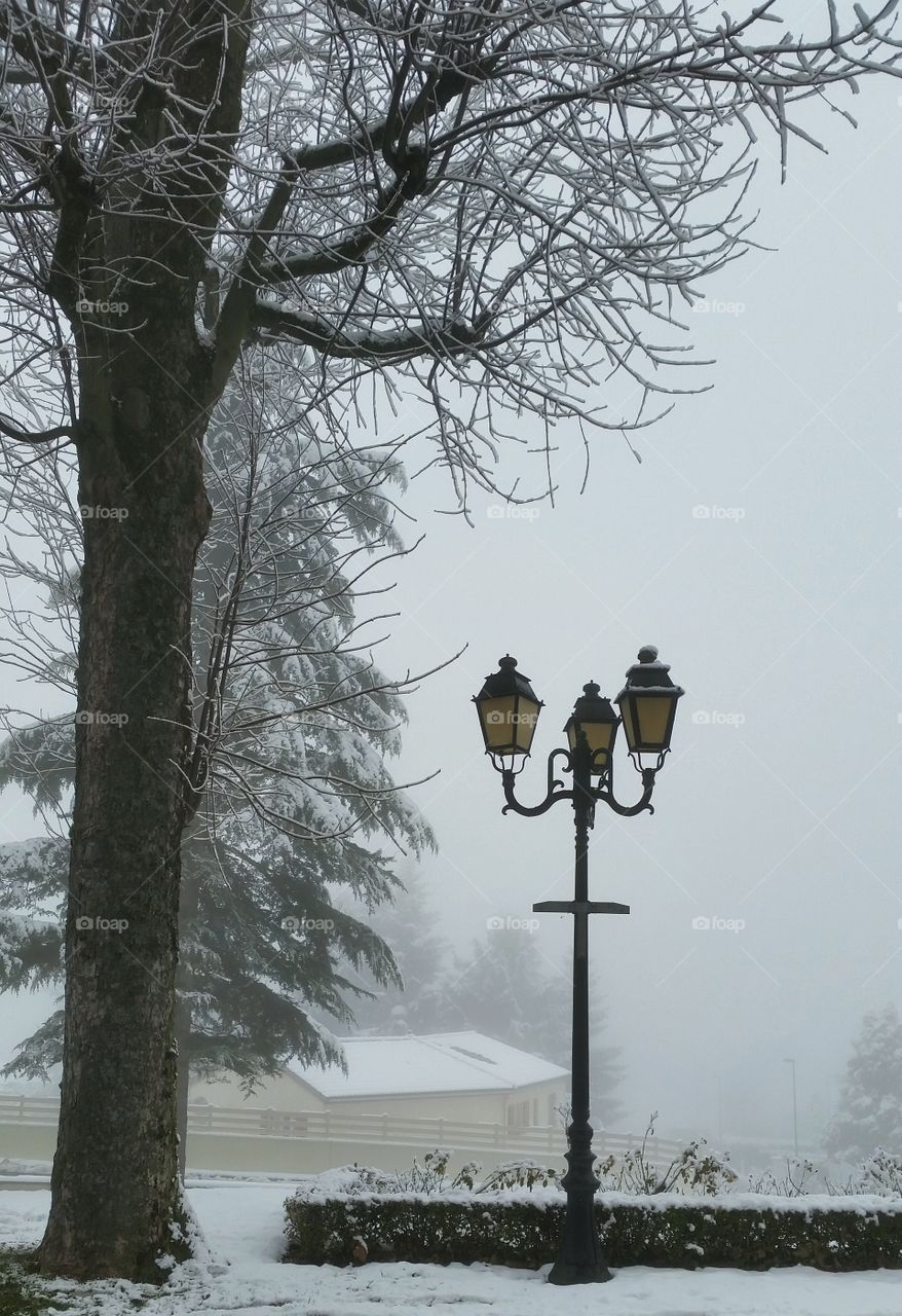 Snowy Lights. A snowy day in Yssingeaux, France with this beautiful street lamp
