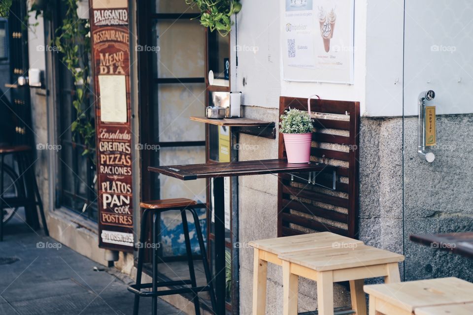 Outside a cozy cafe in Madrid 