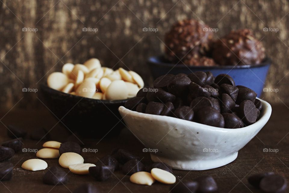 Variety of chocolate chips in bowl