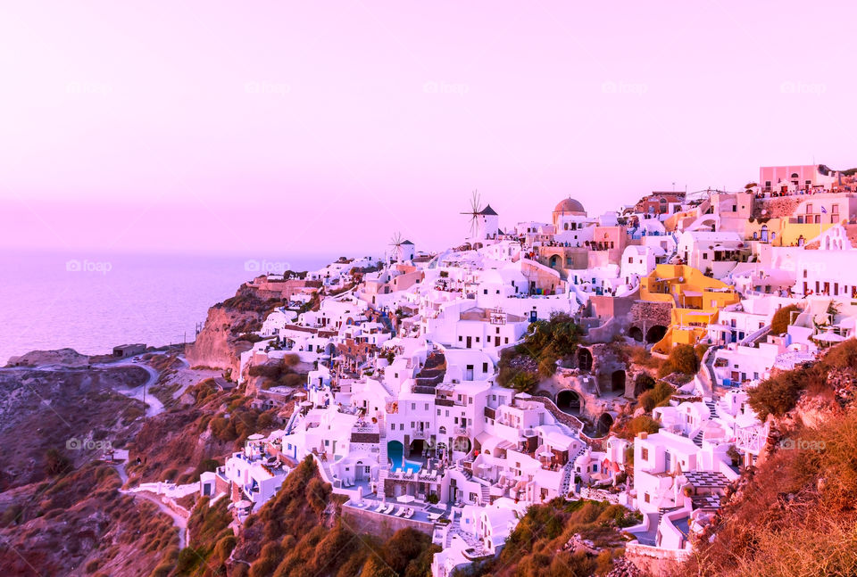 High angle view of Oia village, Santorini island, Greece