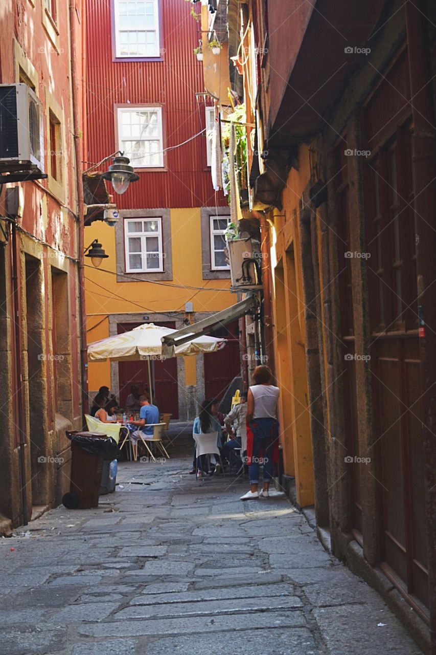 Restaurant in the narrow street of porto 