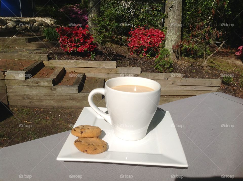 Enjoying a cup of coffee outdoors on a beautiful spring day.