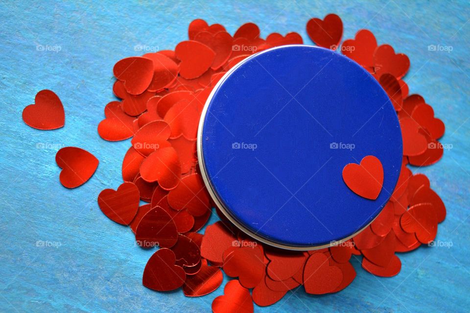 bank cream and red hearts blue background