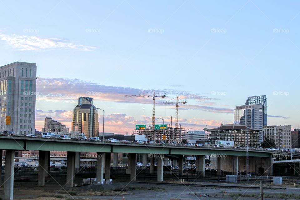 early morning sunrise over I-5 Interstate in downtown Sacramento California