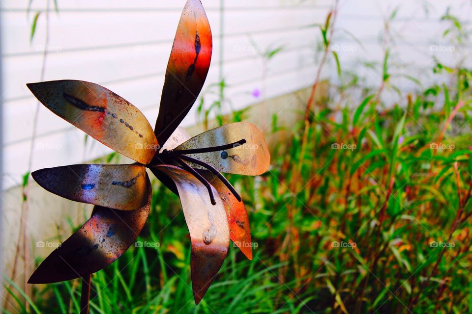 Metal flower decorating a small garden in between buildings