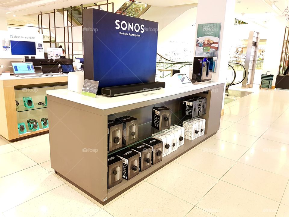 Sonos playbar soundbar and speakers display at Peter Jones department store Sloane square Chelsea Kings road London