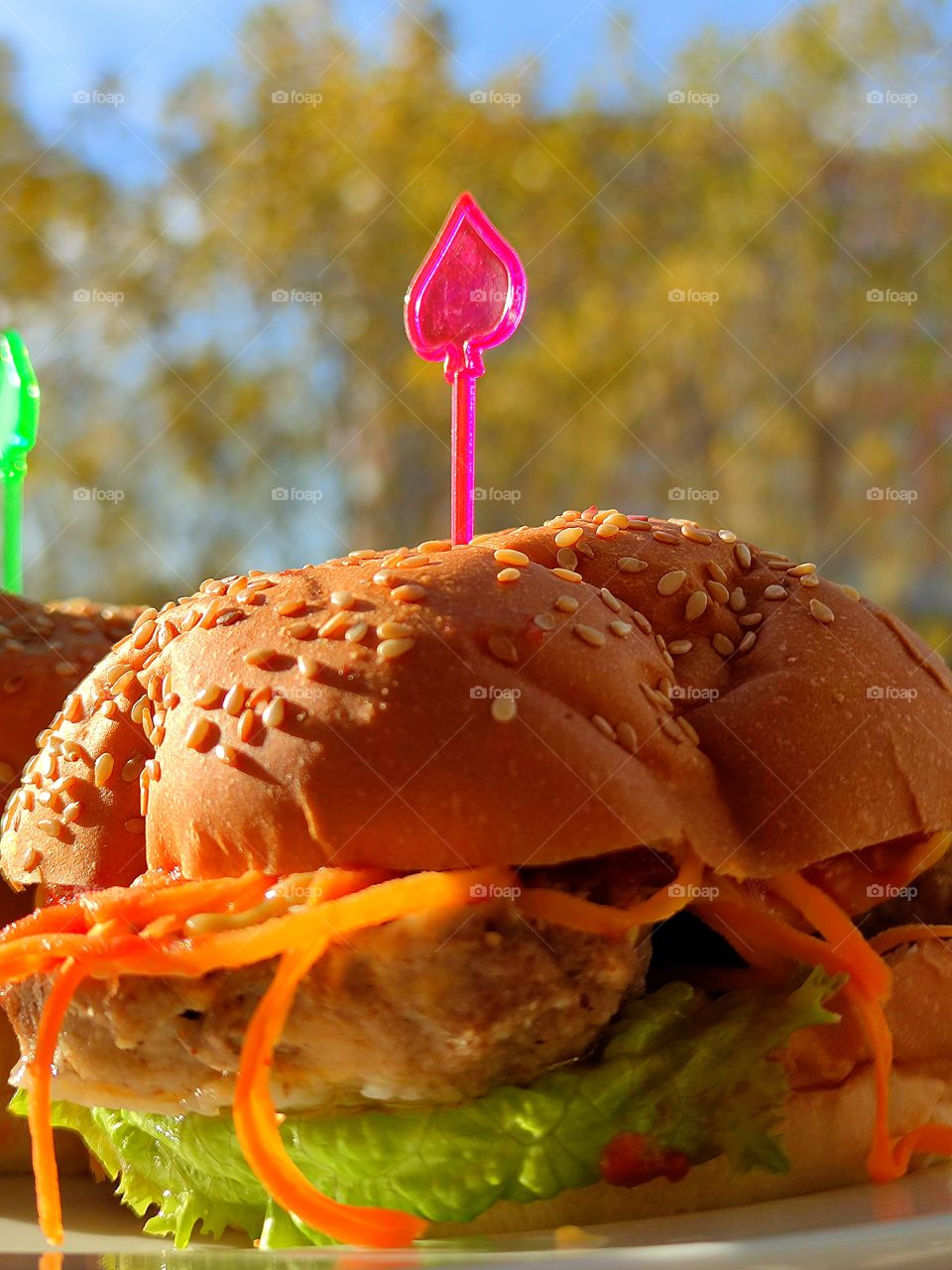 Burger. Sunlight hits the burger and takes on a rich color. Grain bun, inside the  is a leaf of green lettuce, mayonnaise, ketchup, cutlet and spicy carrots, which are thinly sliced. The burger is held together by a pink skewer