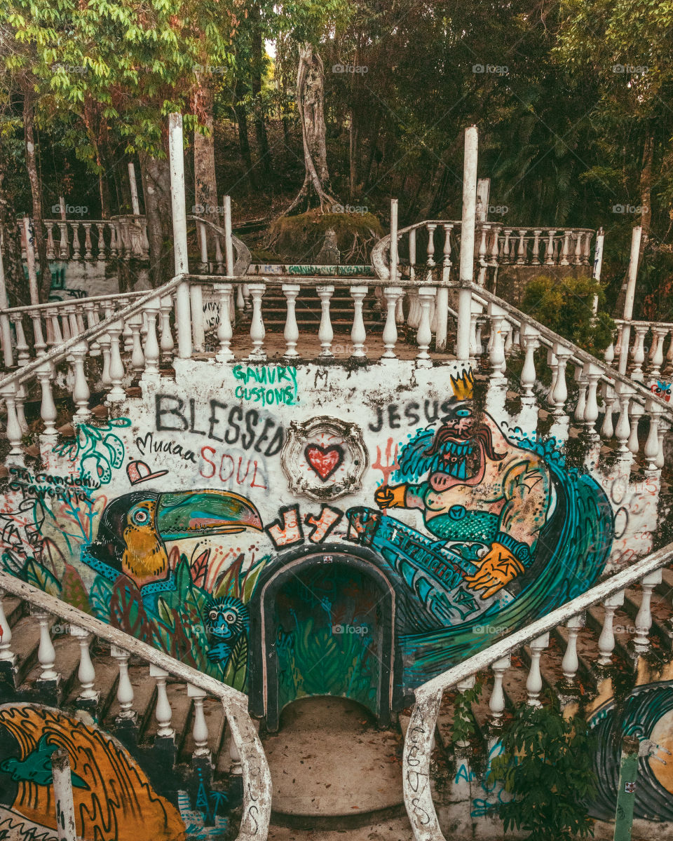 Old lost temple in Costa Rica with graffiti 