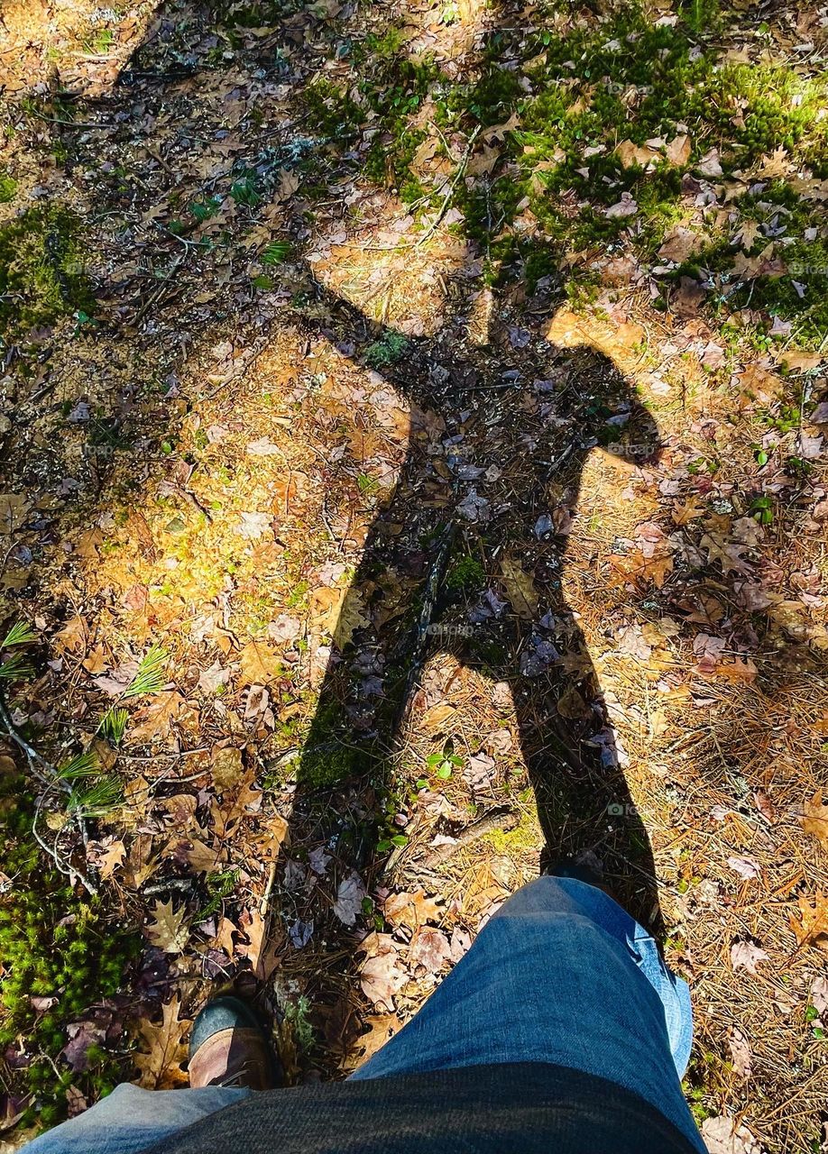 Shadow Man. The sun calls to shadows on a forest hike.