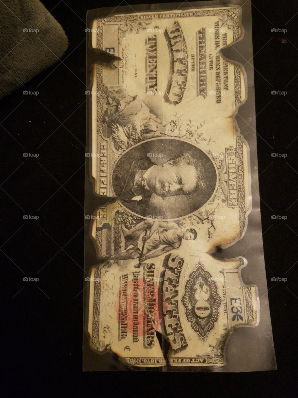 1891 U.S. banknote $20 Silver Certificate saved from the heart of the flames