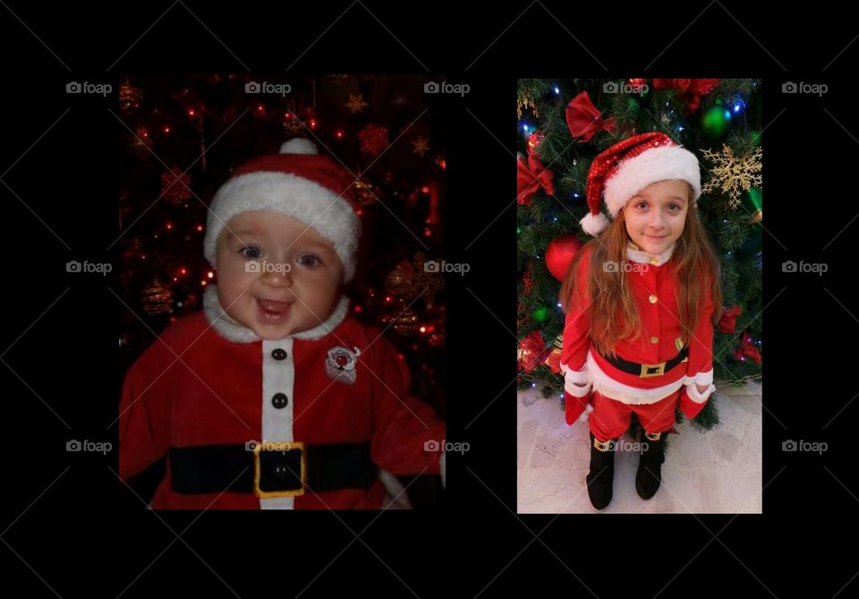 6 months old baby and the same child 6 years old . dressed as santa clause  ( father Christmas ).
twin images