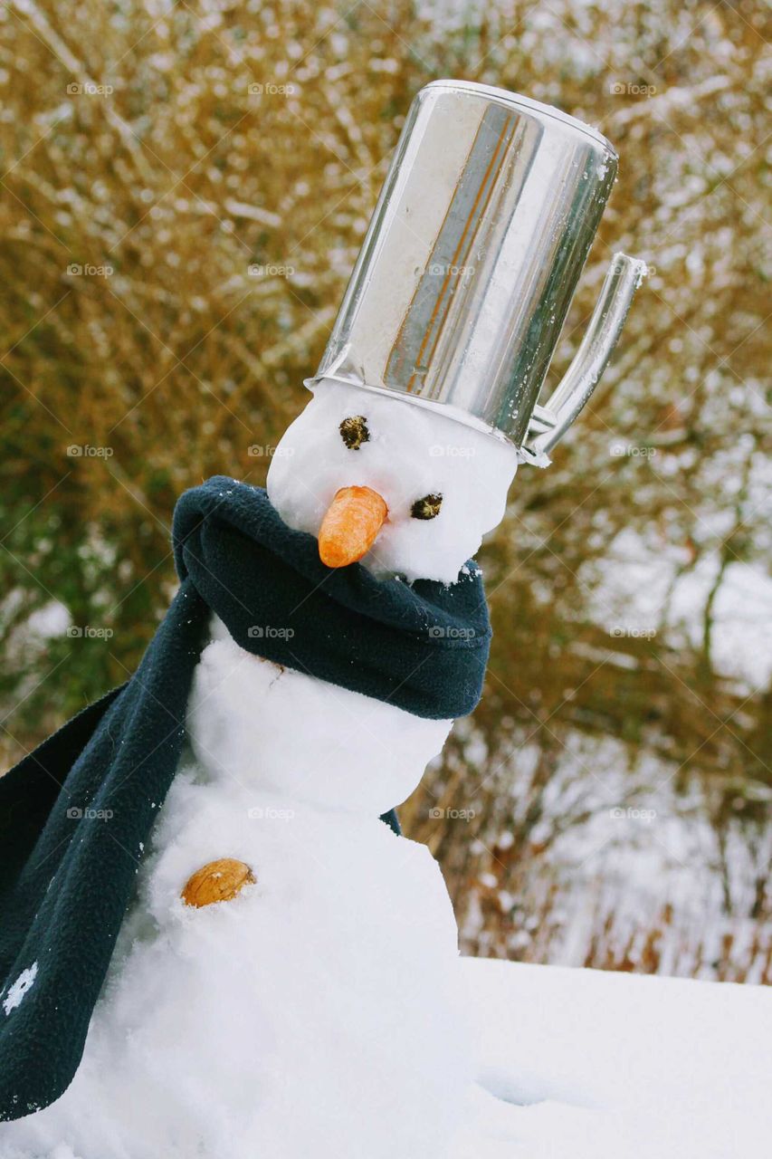 snowman with a pot on his head and a scarf