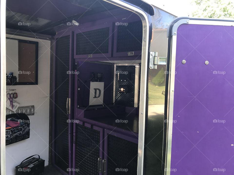 What was once a wooden box interior in my 14x6 wedge nose enclosed trailer is now fully personalized and modified for my needs equipped with lighting, power and personal style! Purple of course is is my favourite colour! Girl power