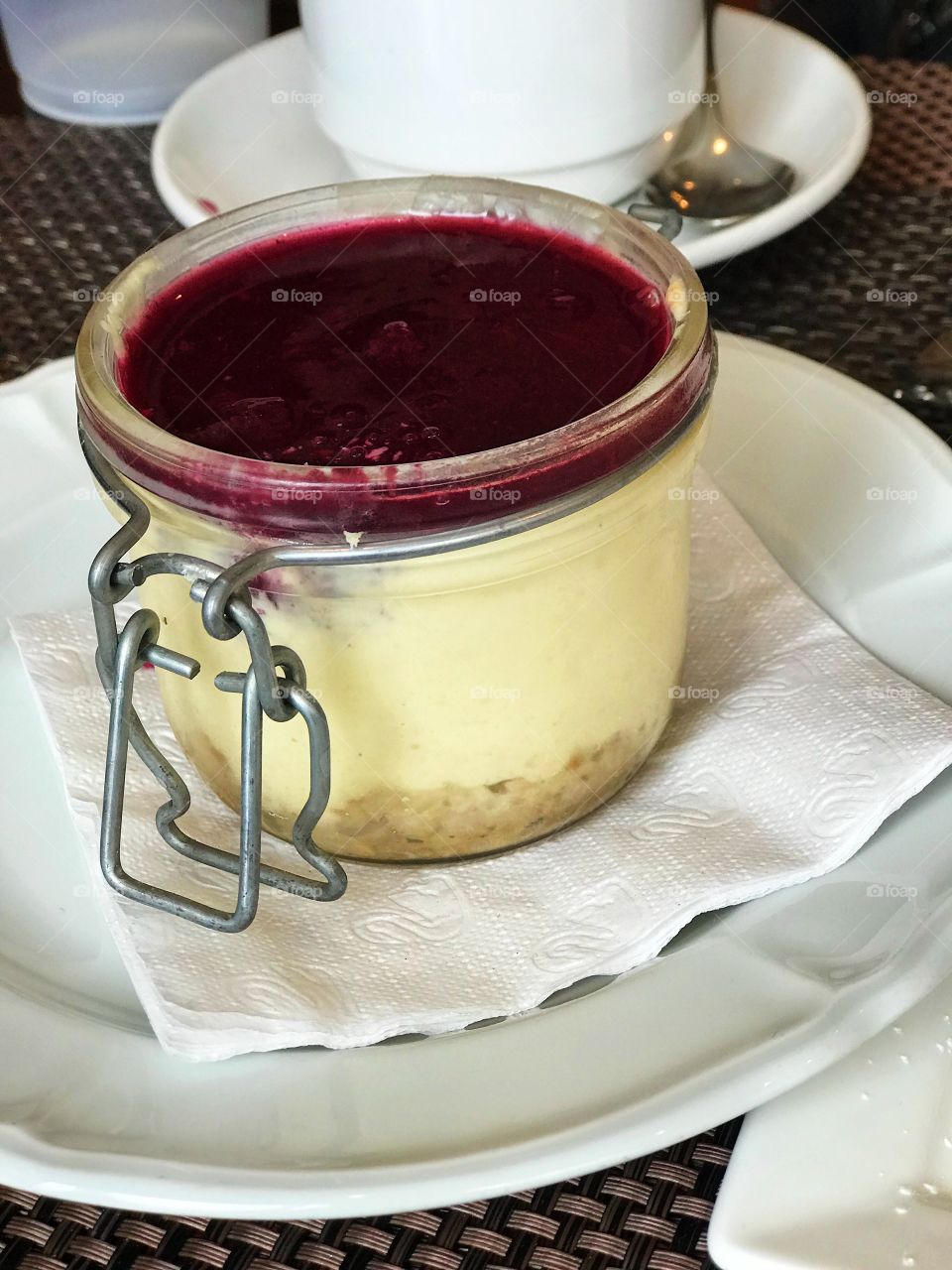 Cheesecake in a jar, sweet desert. 