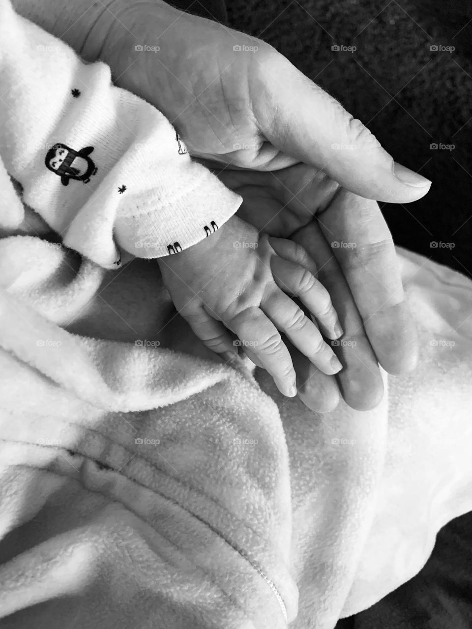 Black and white mommy hand holding baby hand as a sign of love, affection, and comfort.  Little penguin on baby’s pajamas.  Precious little life