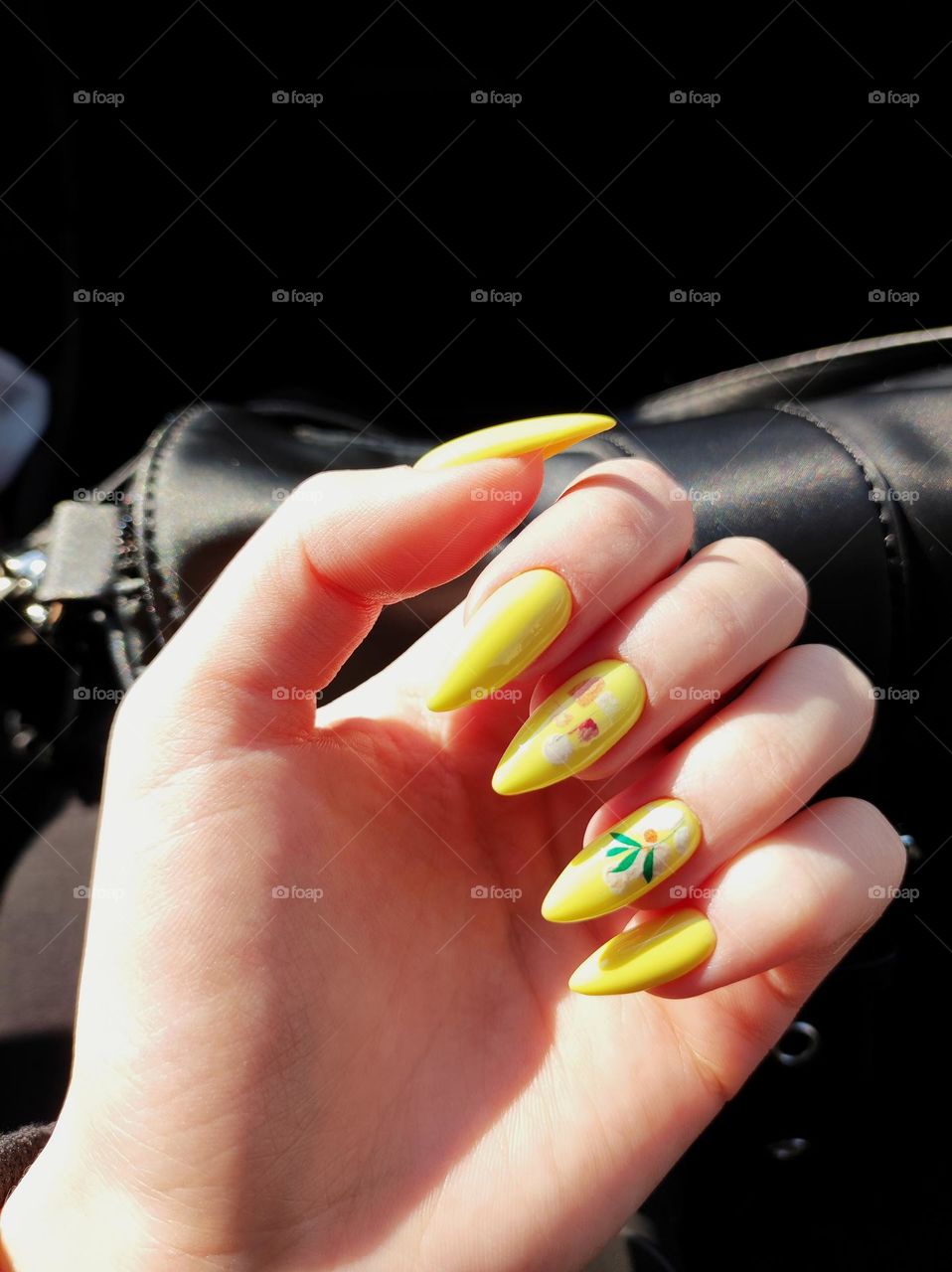 Naturally long nails/ Gel manicure /Yellow gel manicure in the sunlight /Long nails with gel polish/ Oval manicure