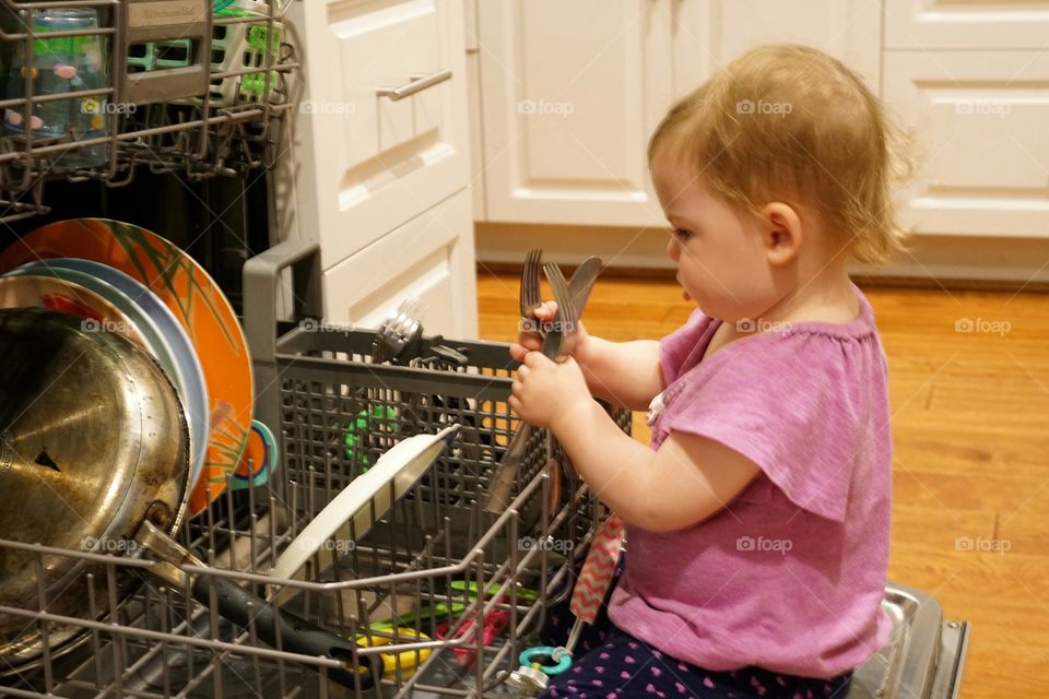 Toddler Girl Helping Load The Dishwasher