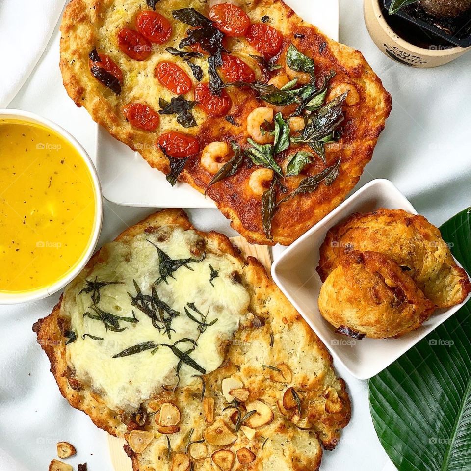 Focaccia, butternut squash soup and mini sardine calzone for Italian cuisine 