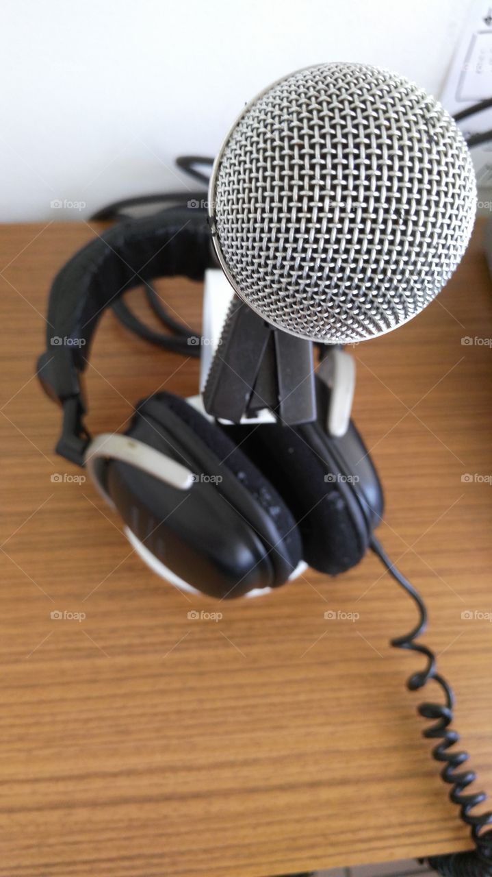 radio studio headphones and microphone