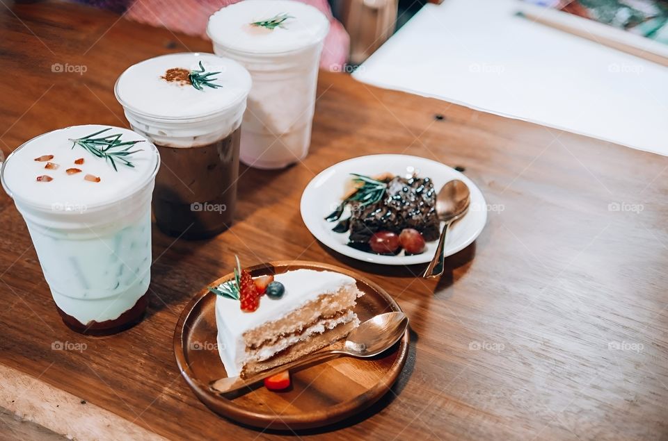 Cakes and brownies with a choice of beverages
