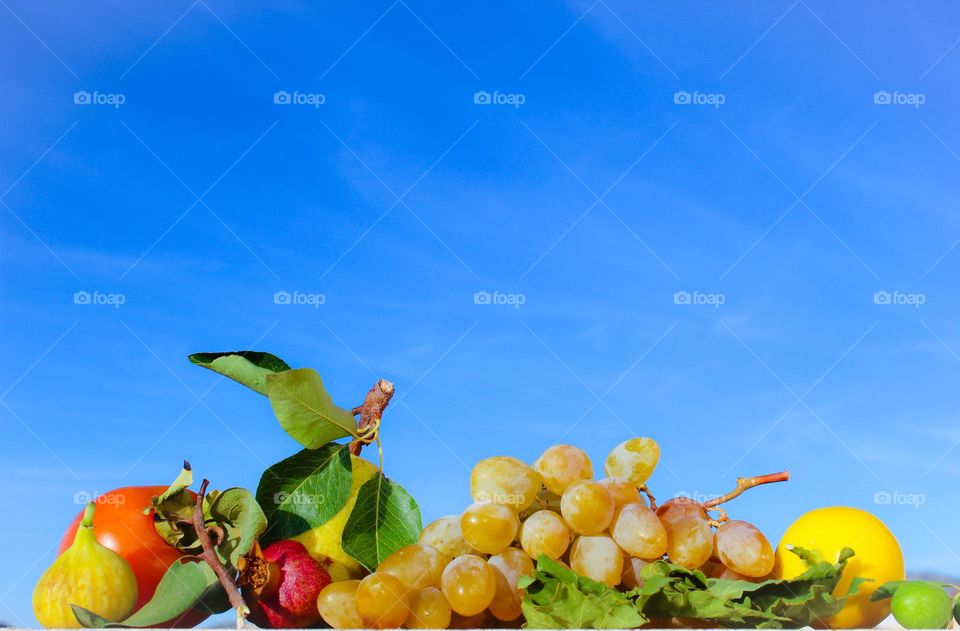 Fig, pear, lemon, grapes, pomegranate and persimmon orange fruit in daylight