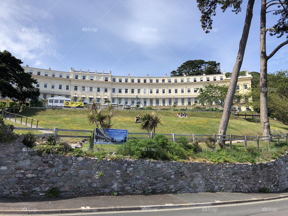 Impressive hotel overlooking Meadfoot Brach, Torquay in summer.
