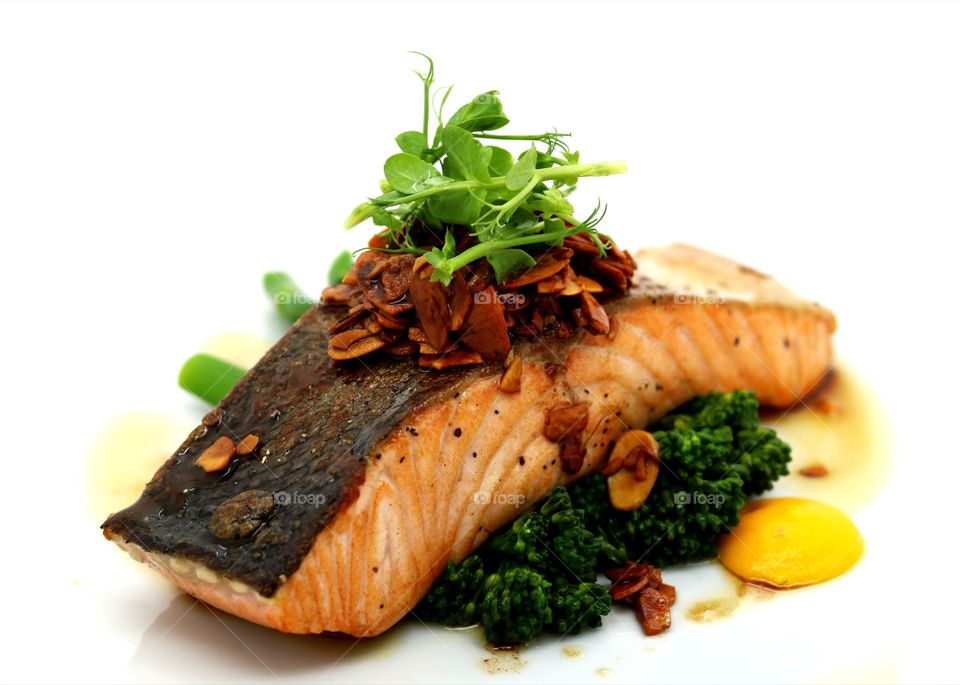 Food, crispy skinned fresh salmon, tender stem broccoli & toasted almond butter
