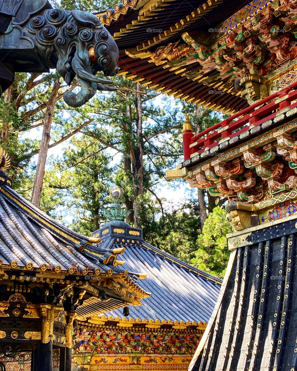 All sorts of angles created by the colorful gold gilded structures at the shrine complex of Nikko Toshogu, Tochigi Prefecture, Japan.
