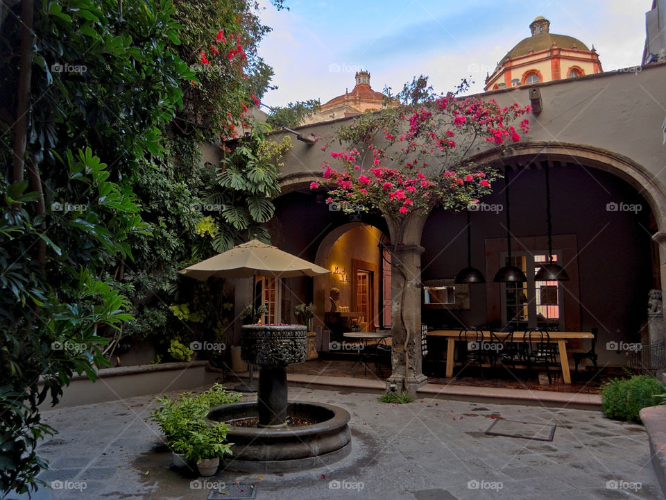 Main central patio in one of the historic buildings in the downtown area of San Miguel de Allende, Guanajuato, Mexico