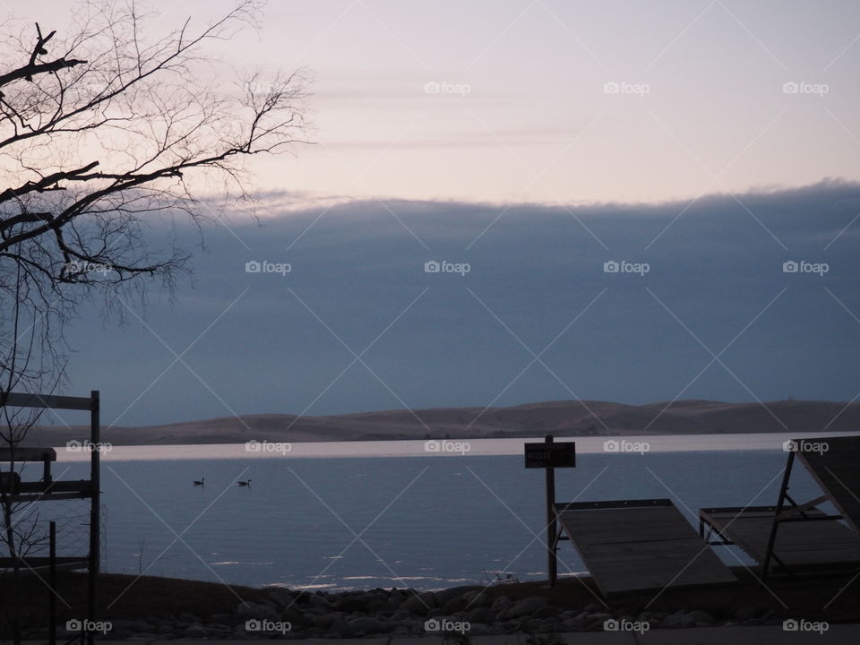 Ducks on a Lake in front of dunes after sunset