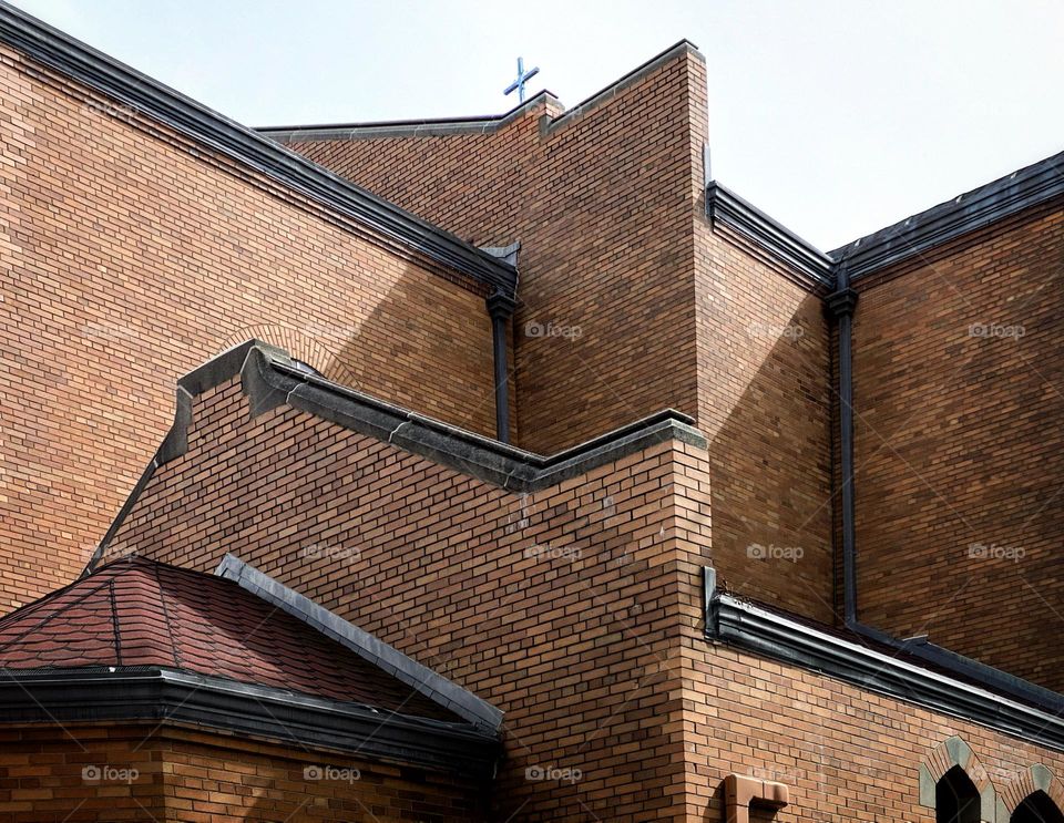Rear corner of a brick church building 