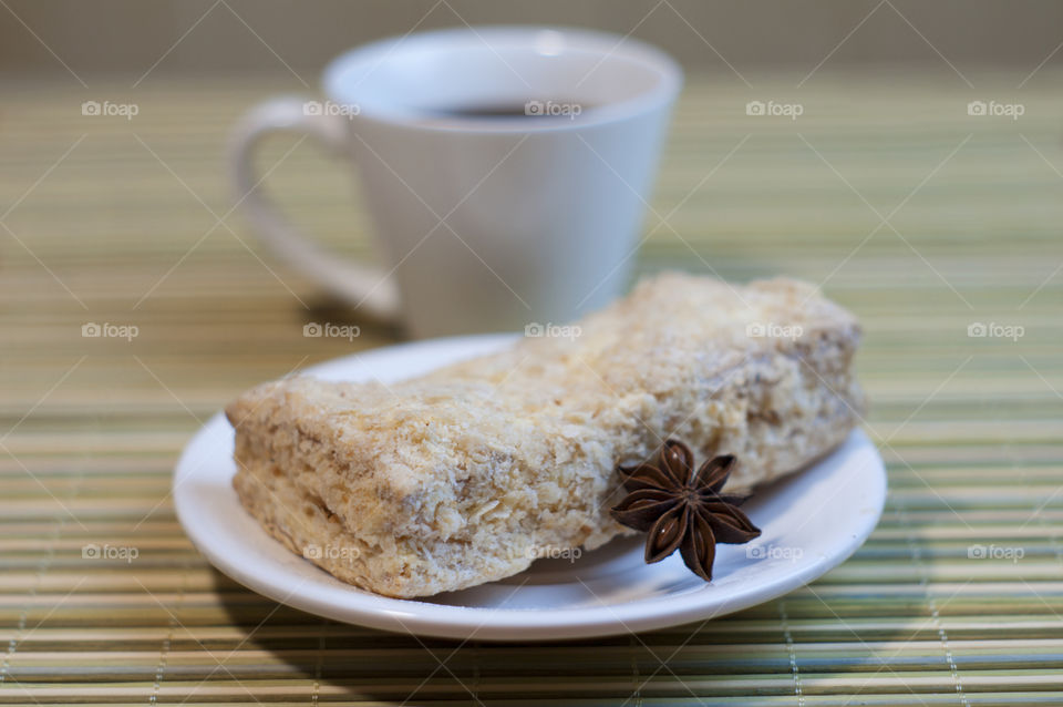 Close-up of coffee and food for breakafst