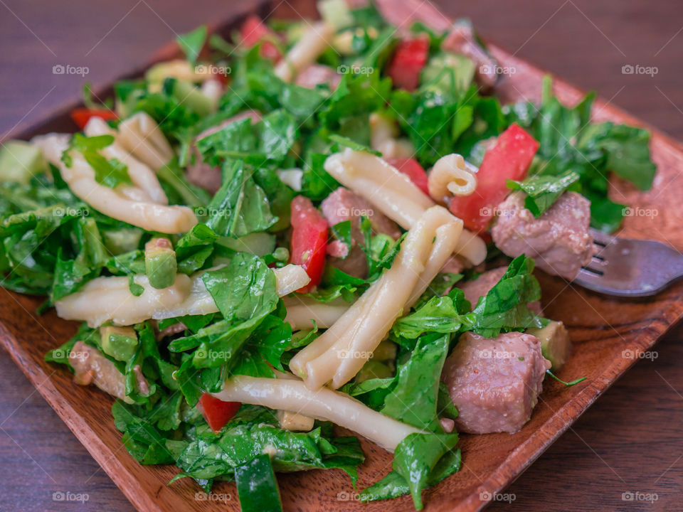 Past salad. Pasta salad with tuna, greens tomatoes 