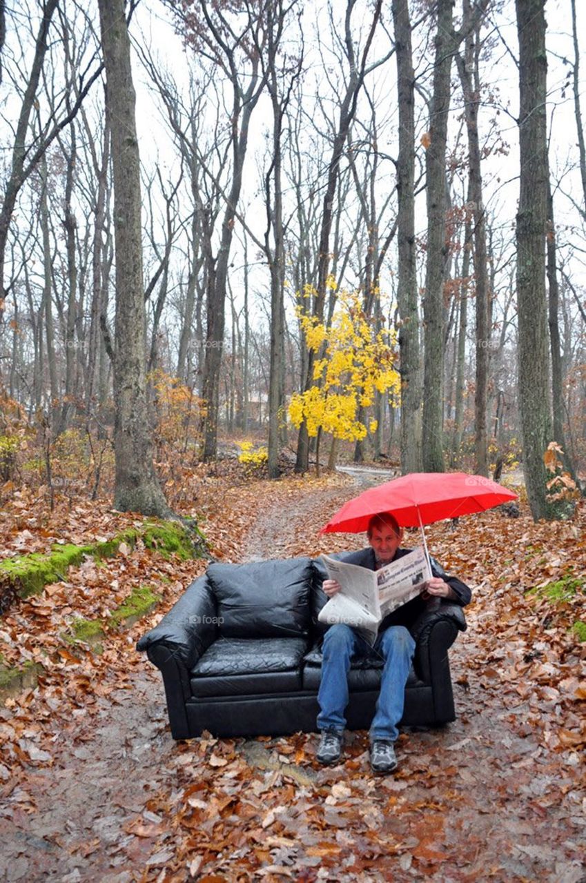 Funny couch and man outside